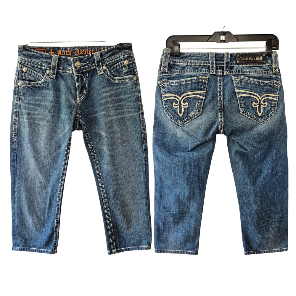 Rock Revival Amy Boot Crop Capri Blue Jeans Low Rise Heavy Stitch Bling 27